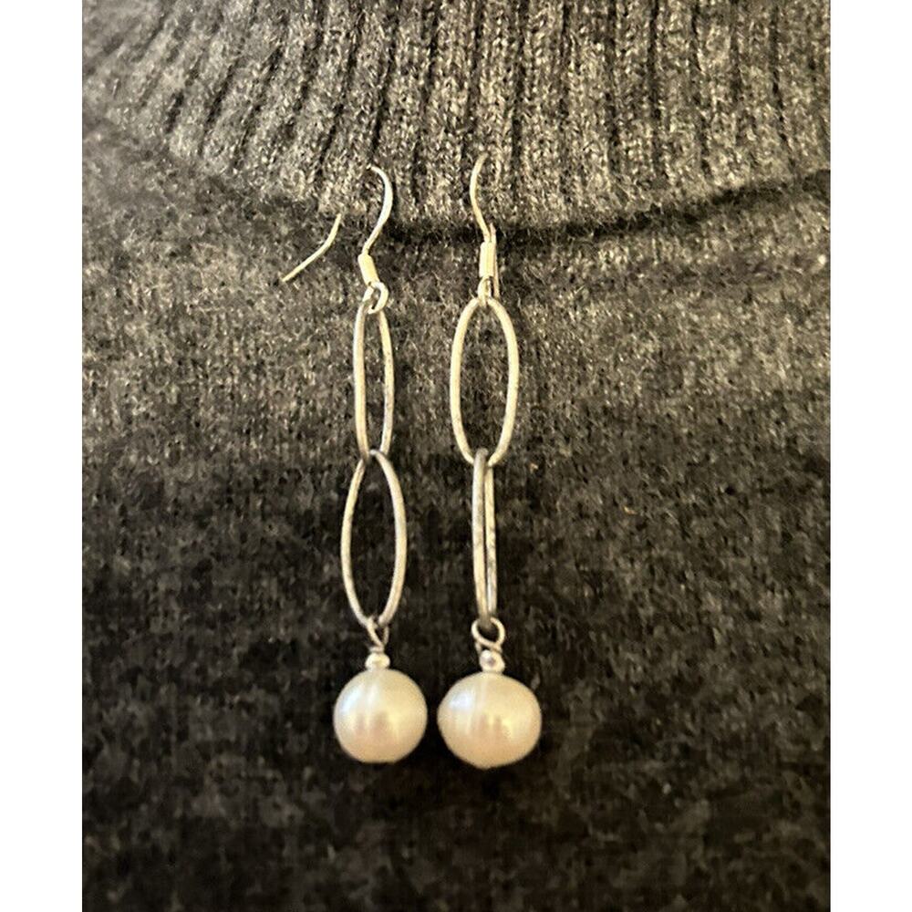 Earrings Silver 925 2” Drop Hoop Pearl 2” Anchor Chain